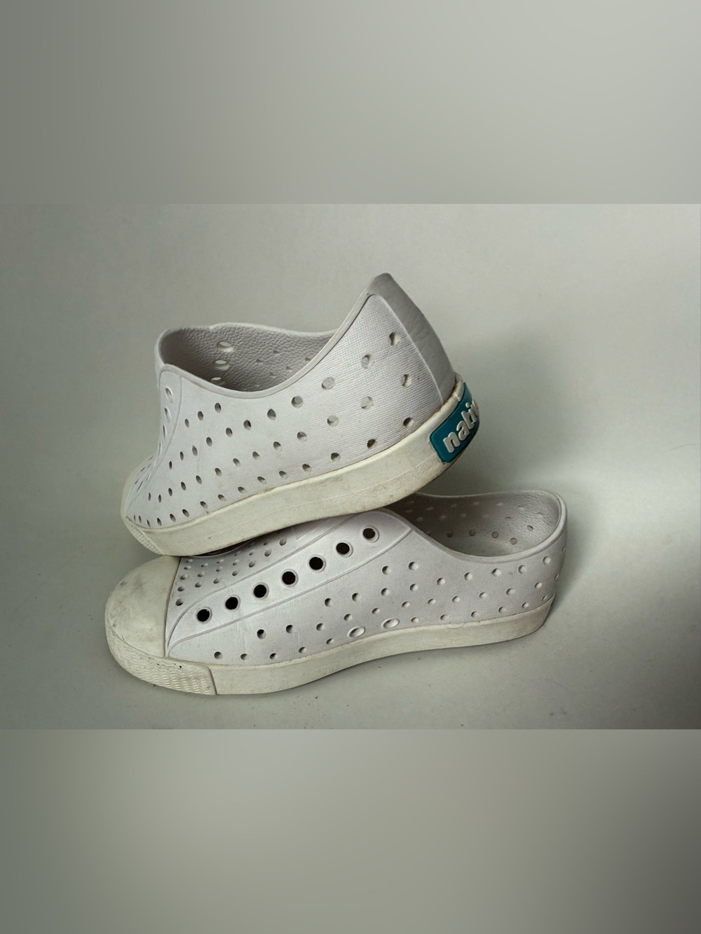 Native White Perforated Slip-On Loafers with Teal Heel Tab washable kids